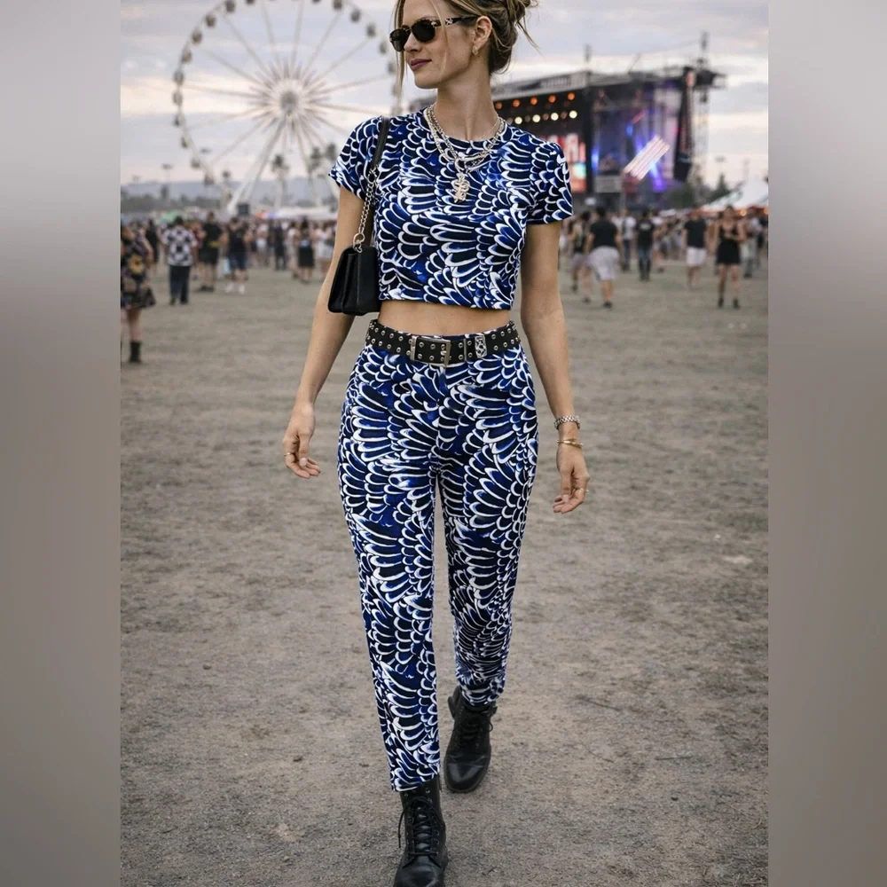 Ed Hardy Y2K Blue Print Two Piece Set Crop Top Pants Matching Co Ord